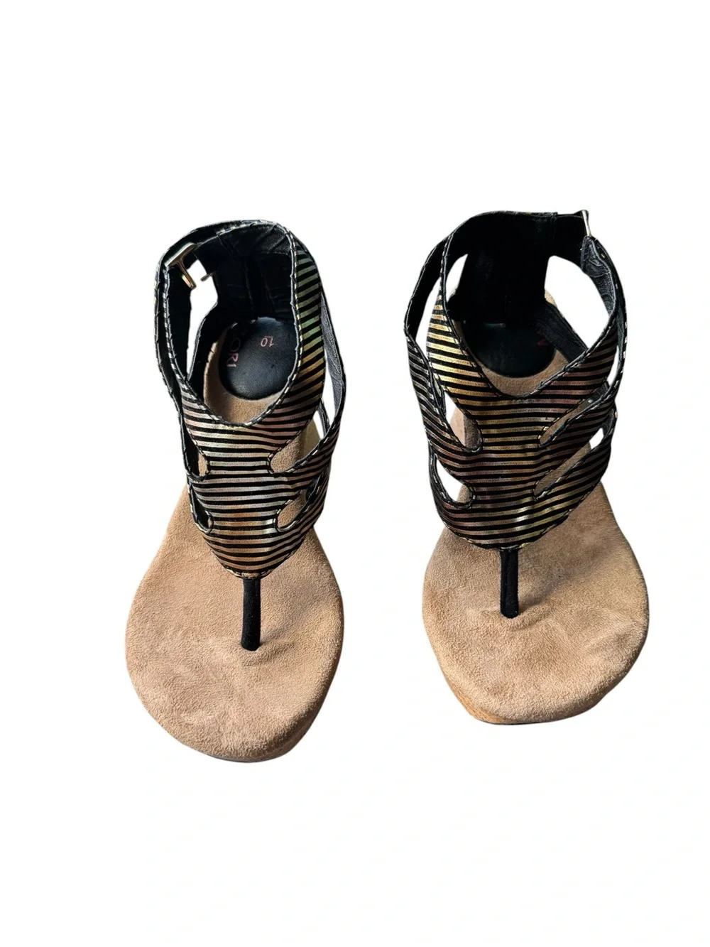 Modzori Strappy Wedge Sandals Size 10 Black Gold Metallic Leather Platform